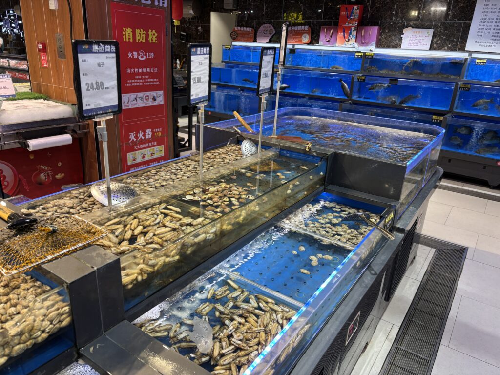 中国スーパーの魚介コーナー